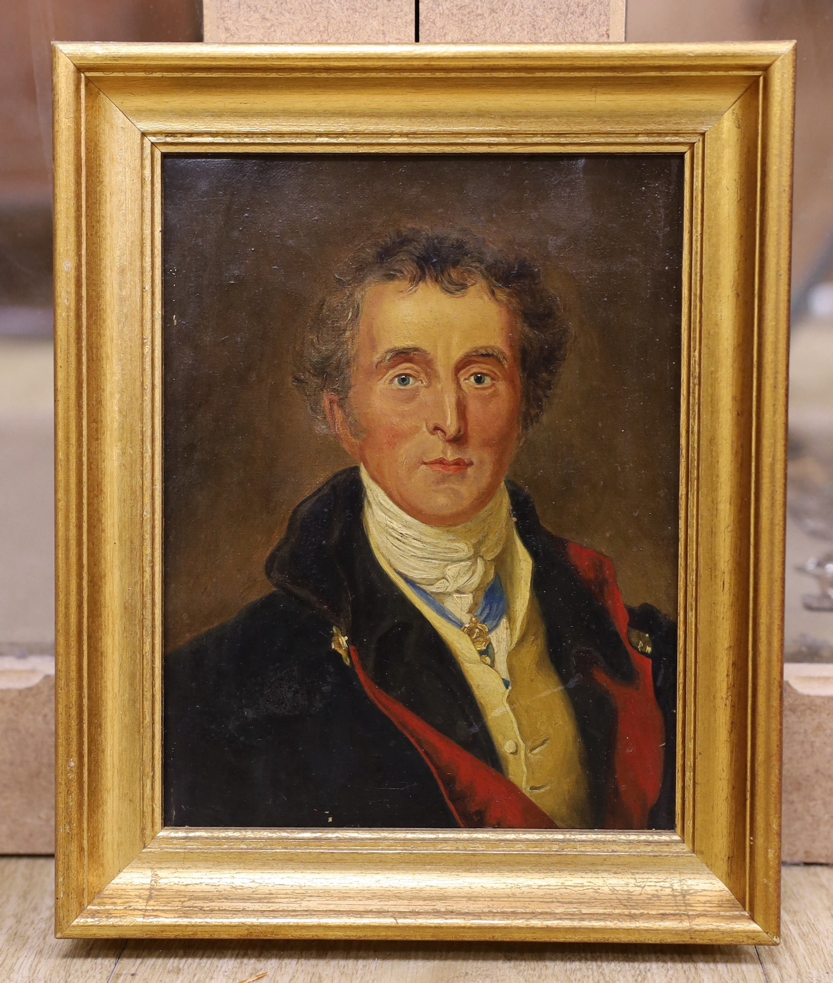 19th century English School, oil on canvas, Portrait of a gentleman, likely Arthur Wellesley, 1st Duke of Wellington,19 x 15cm